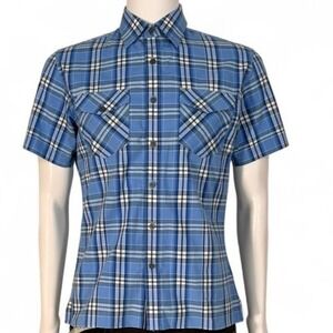 Banana Republic Mens Blue Plaid Short Sleeve Button Down Shirt Small Bella Blue